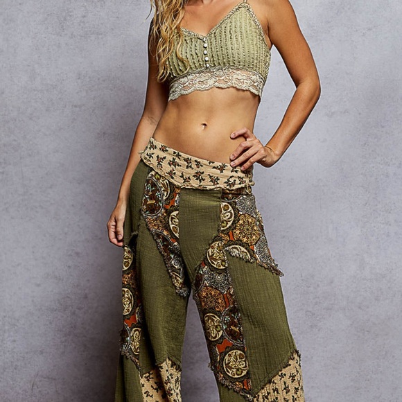 POL Olive Green Patchwork Wide Leg Pants - Picture 2 of 15